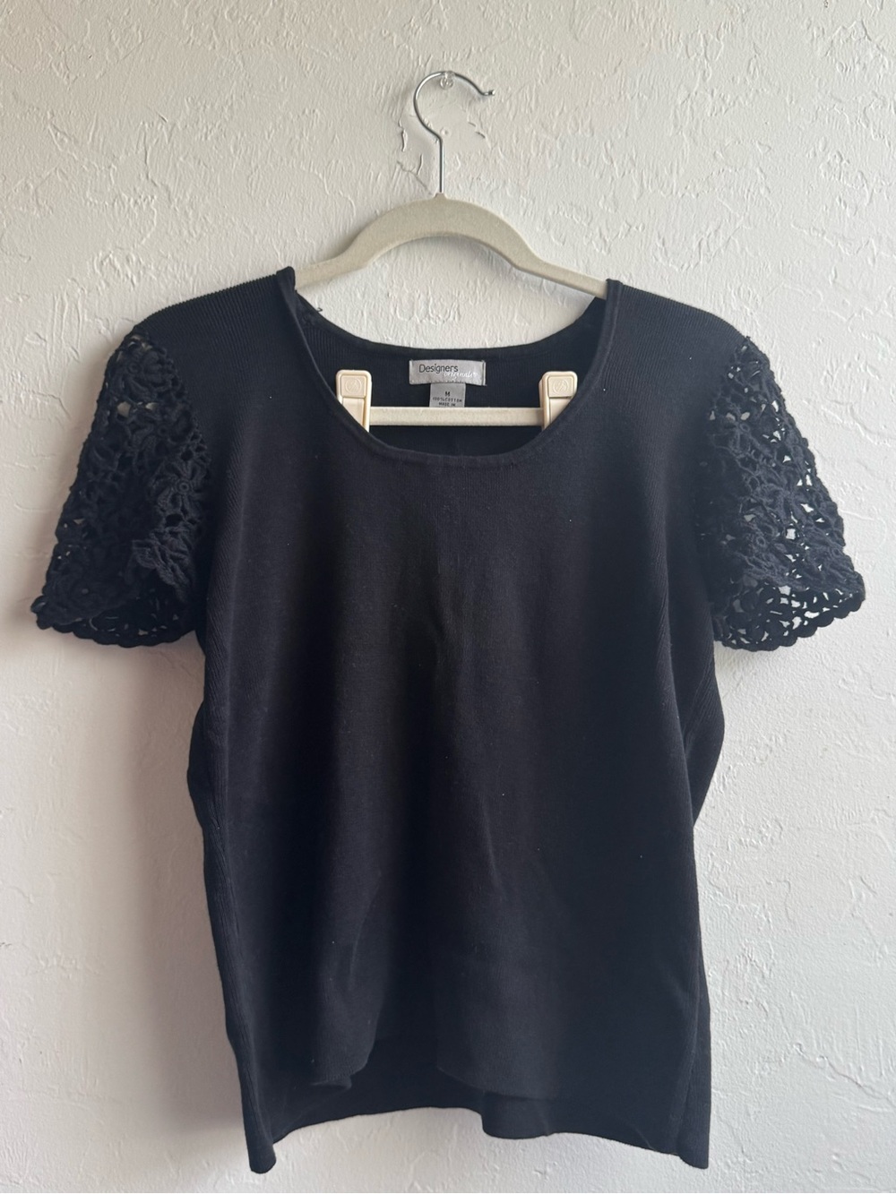 Black cotton Crochet Sleeve Knit Top size medium